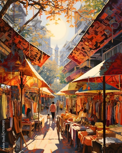 Street market in Shanghai, China. Vintage painting. Travel and shopping concept. © Iman