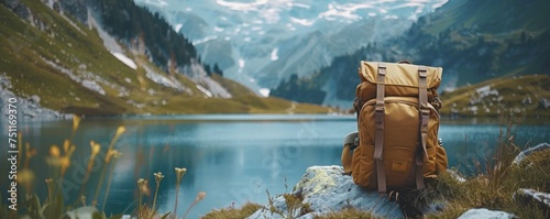 Tourist backpack in mountain peaks with lake in background.