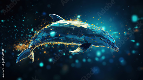 Big data visualization where a digital dolphin swims in the data stream. Futuristic background. Generative AI