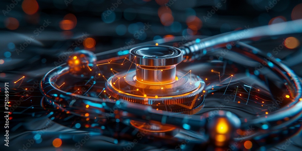 futuristic artistic photo of a stethoscope with a dark neon heartbeat made of transparent glass futuristic artistic photo of a stethoscope with a dark neon heartbeat made of transparent glass