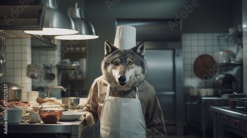 Wolf chef cooks preparing food in restaurant kitchen. Animal chef