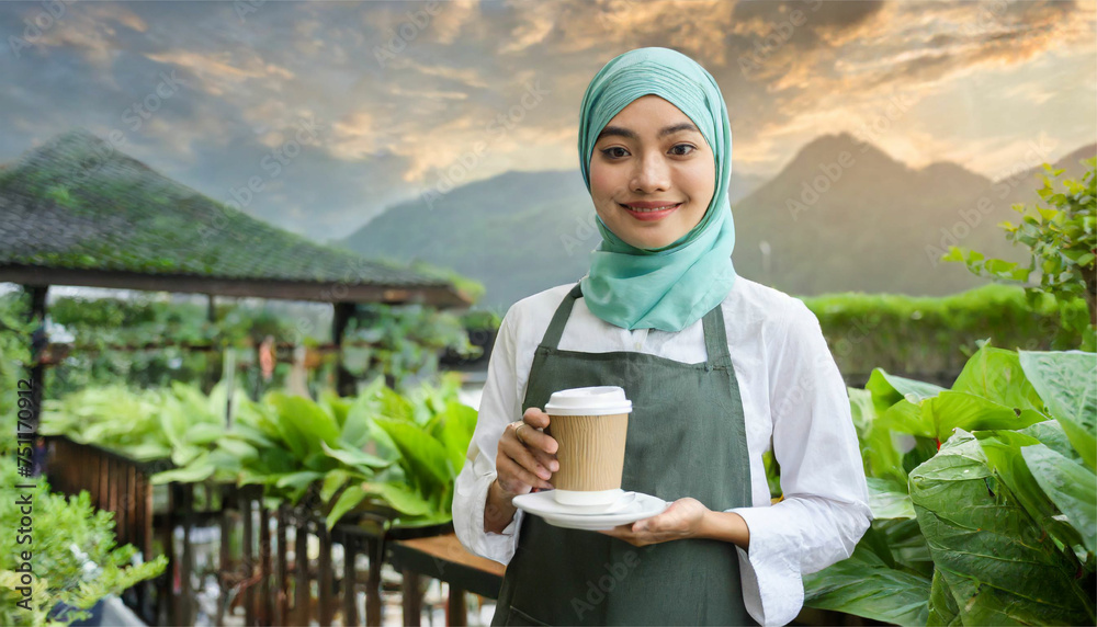 Asian Veiled Waitress Smiling with Coffee Cup - Warm Hospitality Scene for Visual Appeal and Inviting Atmosphere