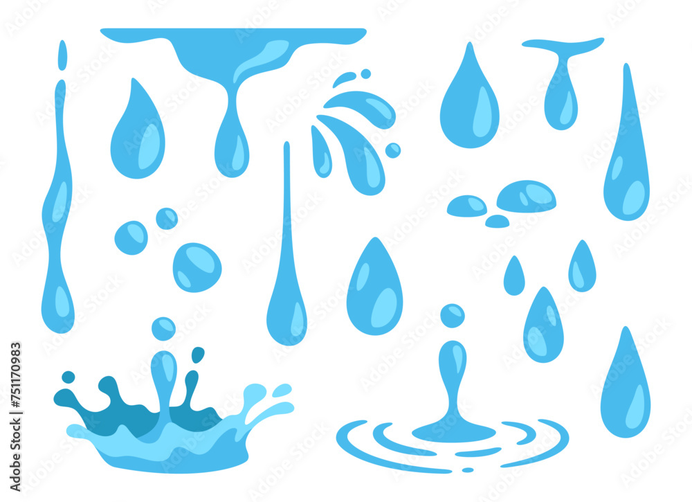 Water drops. Abstract nature blue falling pure drop. Raindrops. Watering motion shape water. Puddle, dropping splash, liquid flow. Juice and drinks. Vector collection