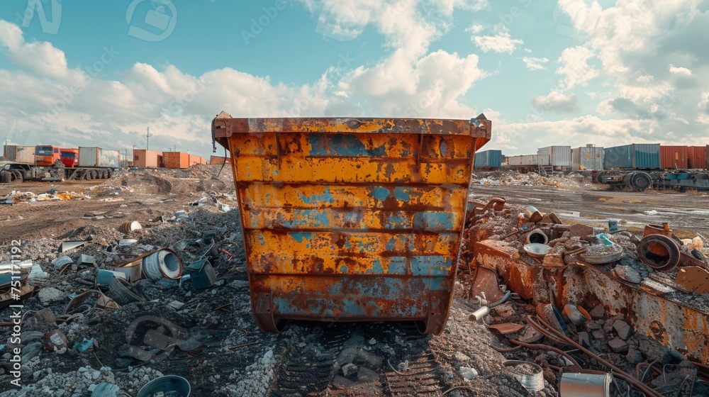 Recycle, scrap and rust on skip in junkyard for sorting, garbage and metal reuse at landfill site. Steel, iron and industrial bin for truck transport with urban pollution at waste dump with machine