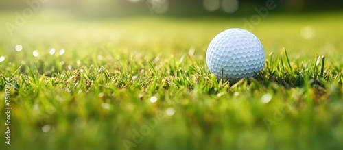 A golf ball sits on top of a vibrant, well-manicured green field, ready to be hit. The perfectly trimmed grass provides an ideal surface for the balls journey.