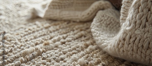 A detailed view of a knitted blanket covering a bed, showcasing the intricate weaving and texture of the wool material. The blanket is neatly spread over the bed, adding warmth and coziness to the