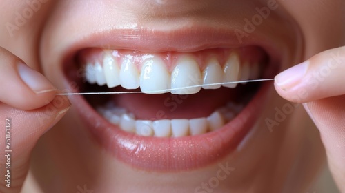 Dental  floss and closeup of man with teeth whitening  fresh breathe and cavity prevention for health and hygiene. Oral care  string or thread for orthodontics with veneers and mouth cleaning 