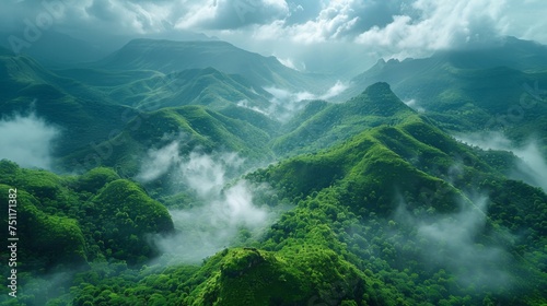 Nature  mountains and landscape background for green tourism  earth and eco friendly environment. Aerial view of the countryside and hill to explore  adventure or environment on a cloudy and blue sky