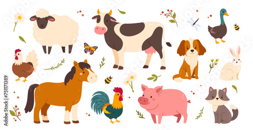 Cute farm animals. Funny cartoon domestic mammals and birds. Rural cattle and poultry. Village pet. Nice pig, cow, cat, dog, duck, chicken, horse. Vector collection © Foxy Fox