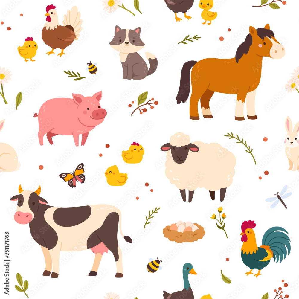 Obraz premium Seamless pattern with farm animals. Cute cow, funny pig, little horse, sheep backgroun. Country barn with farmed pets. Kid print with rural landscape. Vector texture