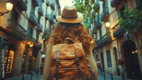 Woman, vacation and back on walk in city with thinking, tourism and direction for adventure in Barcelona. Girl, person and search for location on journey with buildings, road and sidewalk in Spain  © Алексей Василюк