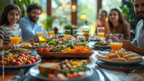 Muslim, family and friends with food or lunch at dining table for eid, islamic celebration and hosting. Ramadan, culture and people eating at religious gathering with dinner, discussion or happiness 