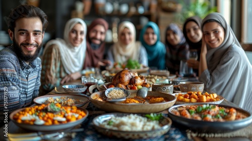 Muslim  family and friends with food or lunch at dining table for eid  islamic celebration and hosting. Ramadan  culture and people eating at religious gathering with dinner  discussion or happiness 