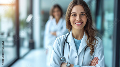 Smiling doctor working hospital office or Healthcare medical background banner copy space area