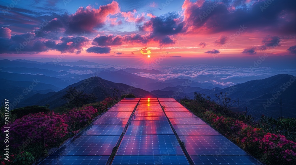 Solar energy farm with rows of photovoltaic panels against a backdrop of mountains and sunset with clouds, highlighting renewable energy and sustainability  - obrazy, fototapety, plakaty 