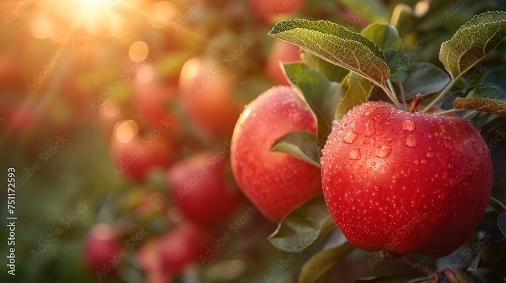 Juicy red apples hanging on lush green branches, bathed in warm sunlight, ready for harvest in an orchard 