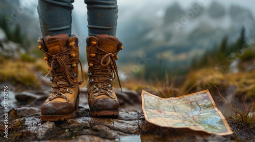 close-up of worn hiking boots on a rugged trail, with a map partially unfolded next to them, planning the next move 