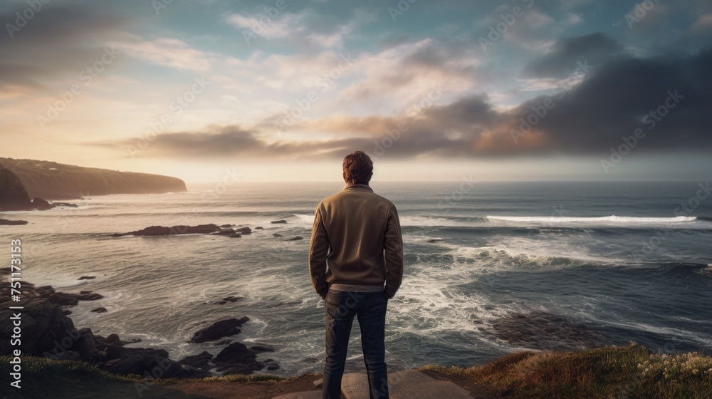 A rear view of a lonely man watching the seascape at sunset. A rear view of a lonely man watching the seascape at sunset.