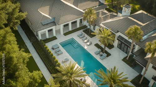 Aerial perfection in a detailed shot of a luxurious pool area, where sleek lines and modern design elements define the epitome of upscale living © Exotic Images