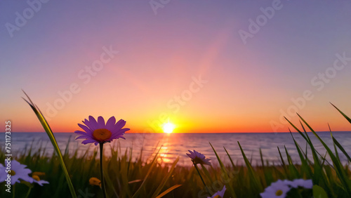 field of daisies at sunset
