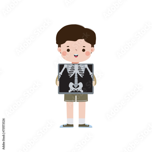 cute cartoon asian kid with x-ray screen showing internal organs and skeleton. x ray check bones kid, Element of educational infographics for kid Vector illustration isolated on white background
