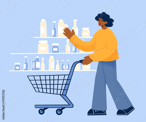 Illustration of a woman pushing a shopping cart. photo