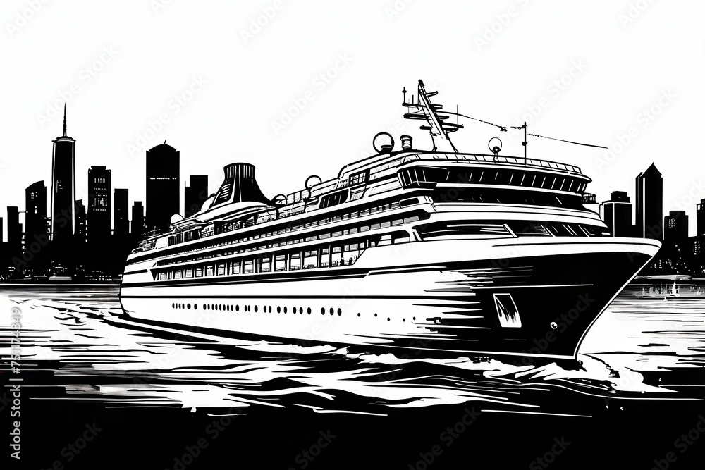 black and white line art ship