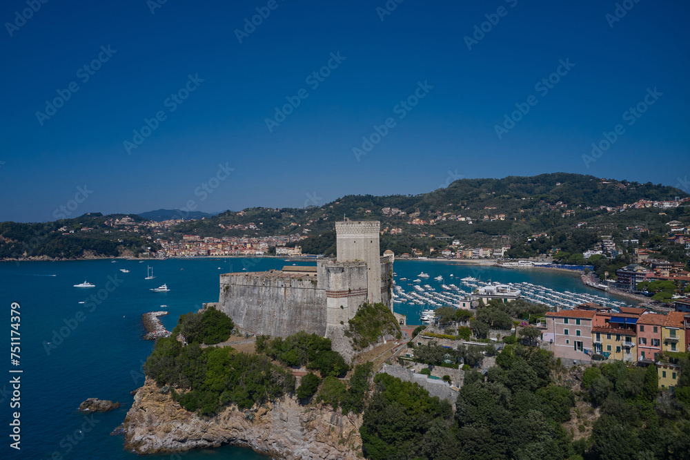Aerial view of Lerici Castle. Vivid beautiful town Lerici in Liguria, Italy. Yachts and boats. Italian resorts on the Ligurian coast aerial view.