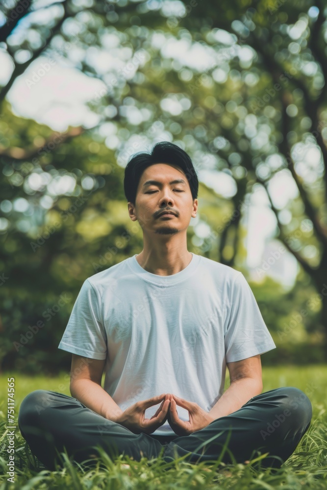 Asian man practicing meditation in a park Asian man practicing meditation in a park