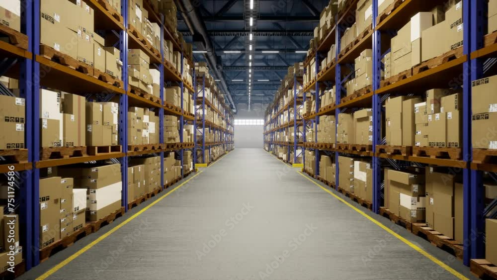 Industrial warehouse filled with storage boxes labeled for shipment, distribution center storing cargo for import export industry. Merchandise with air waybill tracking numbers. 3d render animation. Industrial warehouse filled with storage boxes labeled for shipment, distribution center storing cargo for import export industry. Merchandise with air waybill tracking numbers. 3d render animation.