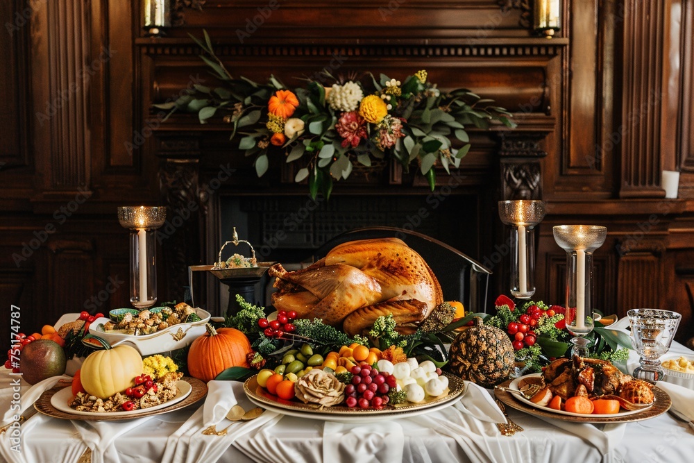Thanksgiving Feast A Bountiful Harvest of Fruits, Vegetables, and a Roasted Turkey Generative AI