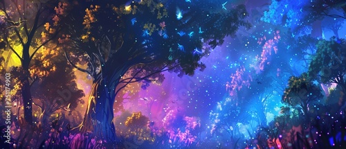 A forest where the trees are crystalline structures emitting soft colorful lights under a starlit sky photo