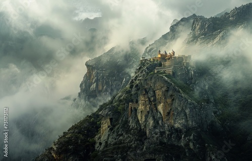 A mountain that changes its height daily with a monastery at the peak that appears and disappears in the clouds
