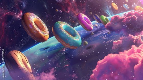 A planet encircled by a colorful ring of giant donuts floating serenely in the vastness of space