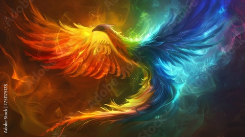 A rainbow phoenix soaring majestically from flames reborn in vibrant colors against a dark hellish backdrop