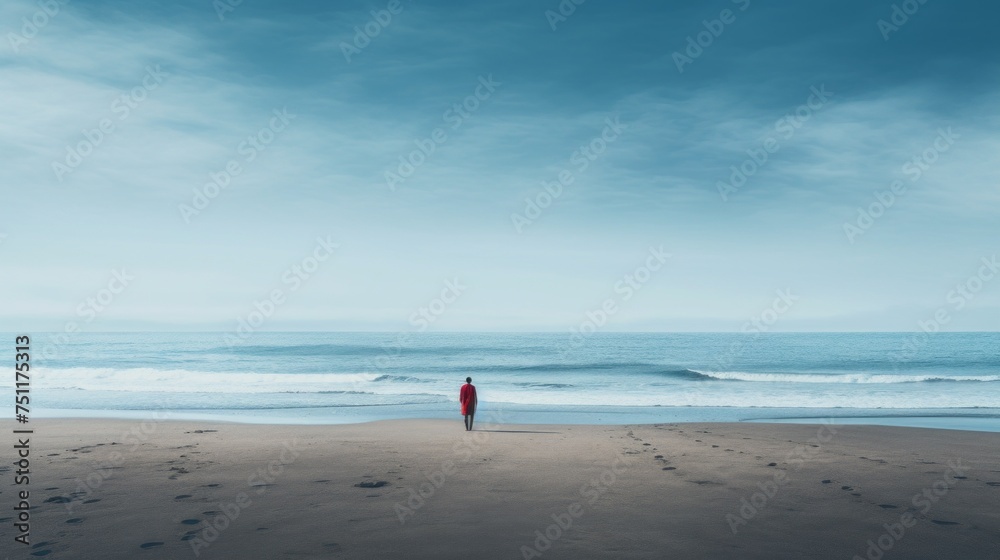 Obraz premium A rear view from afar of a lonely man at the beach, watching the seascape, waves against the blue sky. Travel, Nature, Ocean concepts.