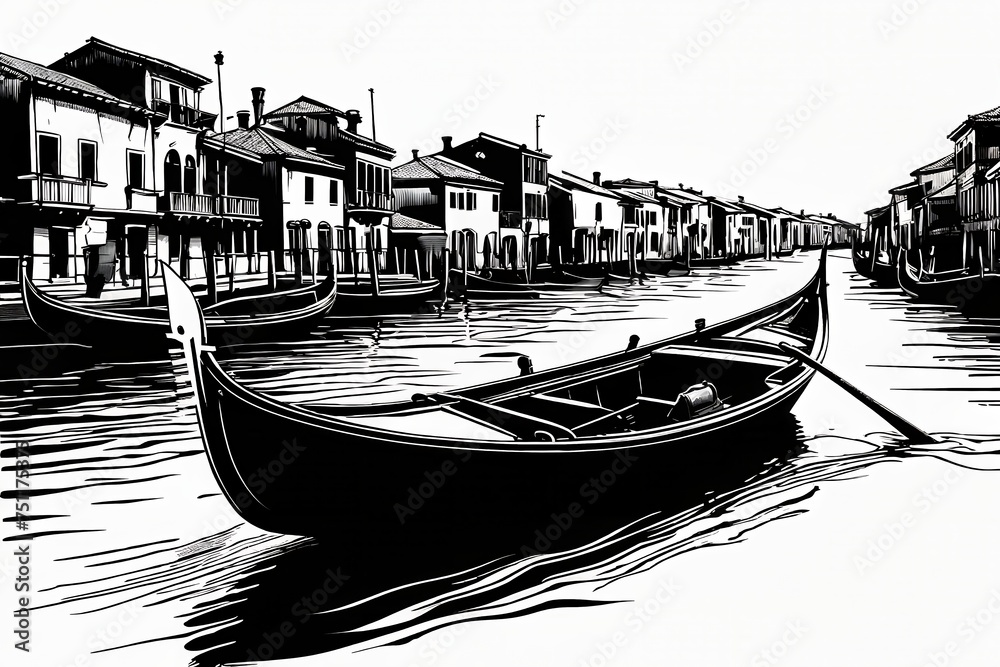 black and white line art gondola - obrazy, fototapety, plakaty 