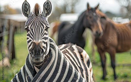 A zebra trying to blend in with horses wearing a plain coat over its stripes in a humorous identity crisis