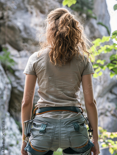 Rear view of Woman wearing in climbing equipment standing in front of a stone rock outdoor and preparing to climb. 