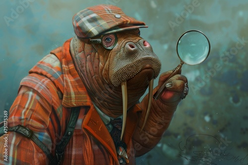 A walrus in a detective outfit snooping around with a magnifying glass investigating a case of missing fish