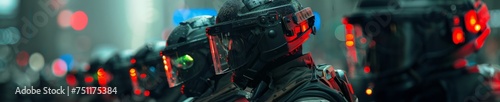 Advanced riot police with holographic shields preparing for a raid in a dystopian metropolis