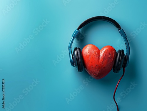 Bright red heart wearing black headphones floating on a pure blue background a symbol of loves quiet moments photo