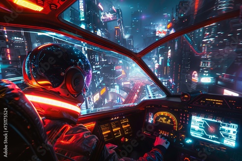 Aviator in a neonlit cockpit soaring over a futuristic cityscape