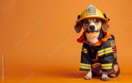 Cute dog dressed as a firefighter proud stance isolated backdrop perfect for adding text photo