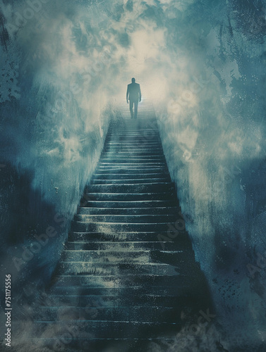 Road to discovery concept with man climbing stairs into unknown  photo