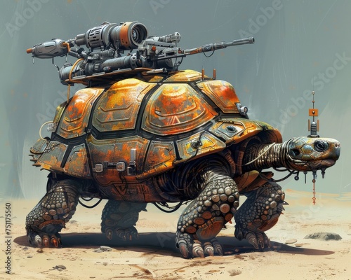 Cybernetic tortoise with a hardened shell bunker and artillery cannons positioned as a mobile fortress