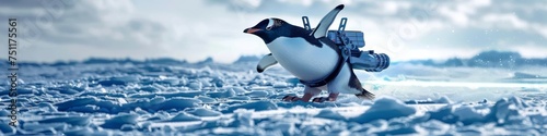 Cybernetic penguin with ice ray projectors and jetpropelled back sliding across Antarctic ice photo