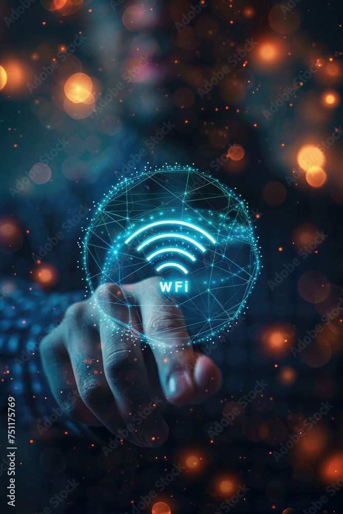 Person reaching for a Wi-Fi symbol made of digital nodes. Person reaching for a Wi-Fi symbol made of digital nodes.