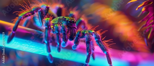 Iridescent tarantula crawling on a neon wire creating a surreal colorful spectacle