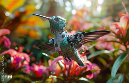 Mechanical hummingbird with spy cameras and microphones darting between flowers in a botanical garden photo